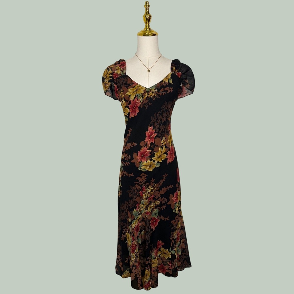 vintage 90s carina black glitter floral flowy midi dress cottagecore fairy boho